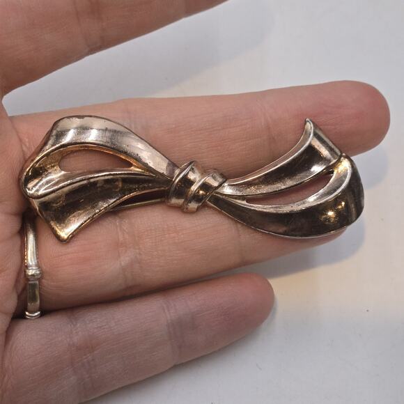 Vintage 1940s Vermeil 925 Sterling Silver Bow Design Pin Brooch Rose Gold - Picture 1 of 7